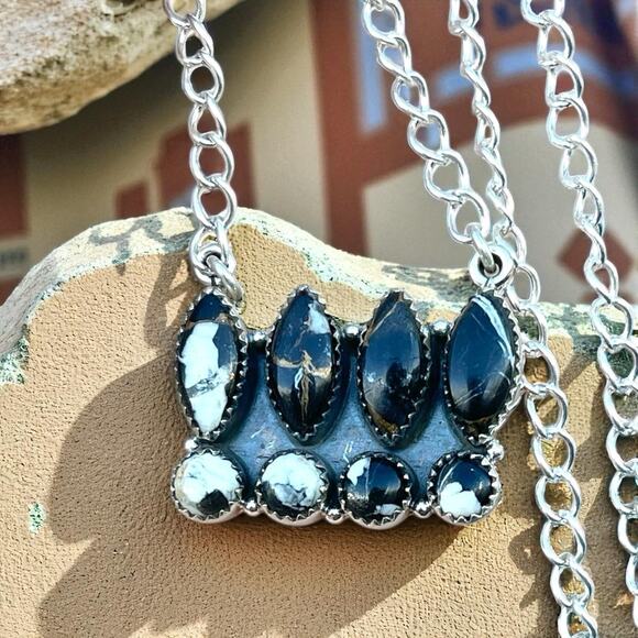 White Buffalo Turquoise Sterling Silver Cluster Necklace Southwestern - Picture 1 of 11